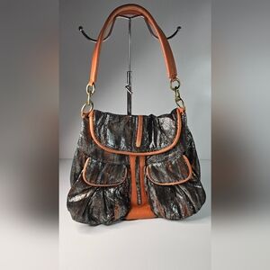 MALINI MURJANI EXOTIC HOBO POCKET LEATHER SHOULDER BAG SILVER BLACK ORANGE